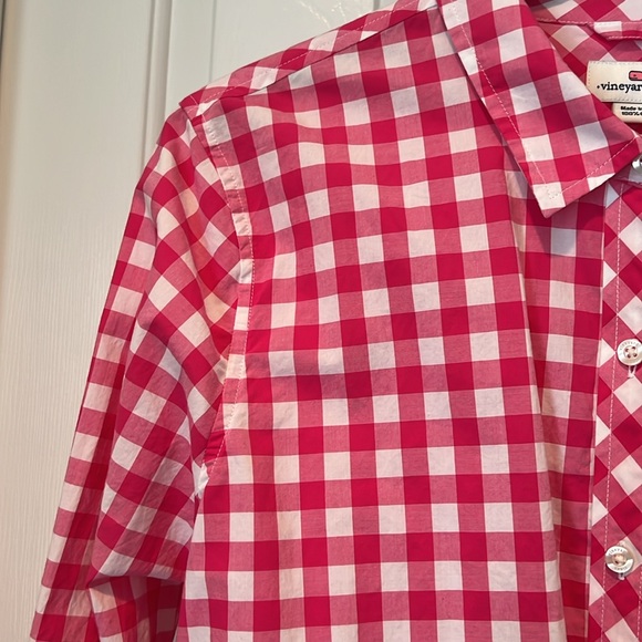 Vineyard Vines cotton, button-down, pink, checked blouse - Picture 3 of 7